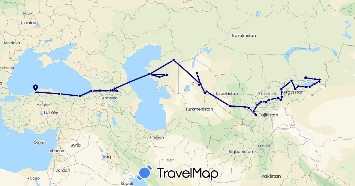 TravelMap itinerary: driving in Georgia, Kyrgyzstan, Kazakhstan, Tajikistan, Turkey, Uzbekistan (Asia)